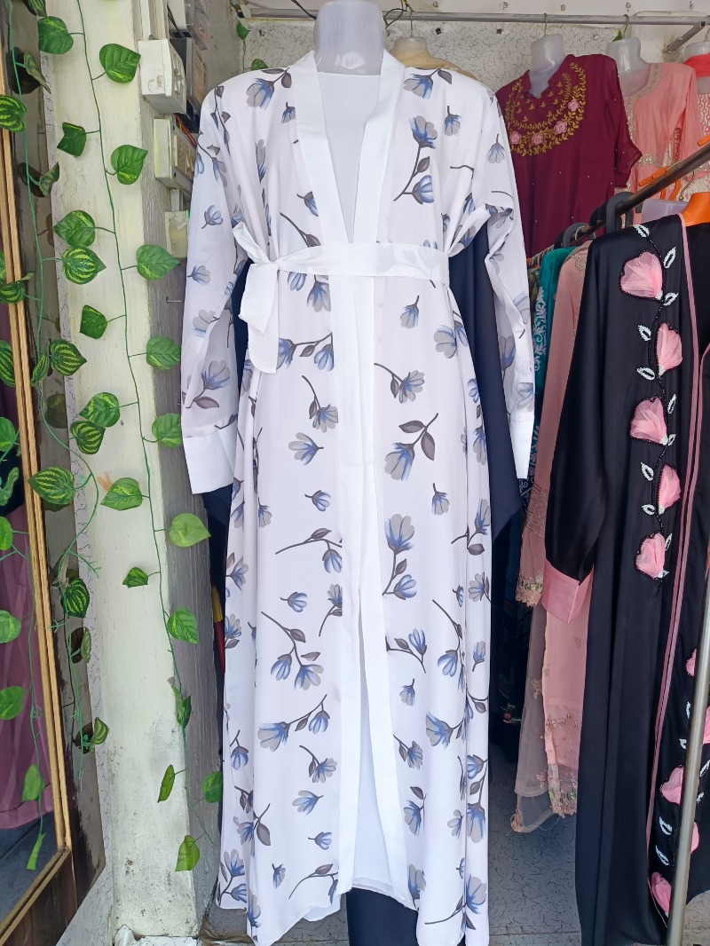 White Floral Long Printed Abaya