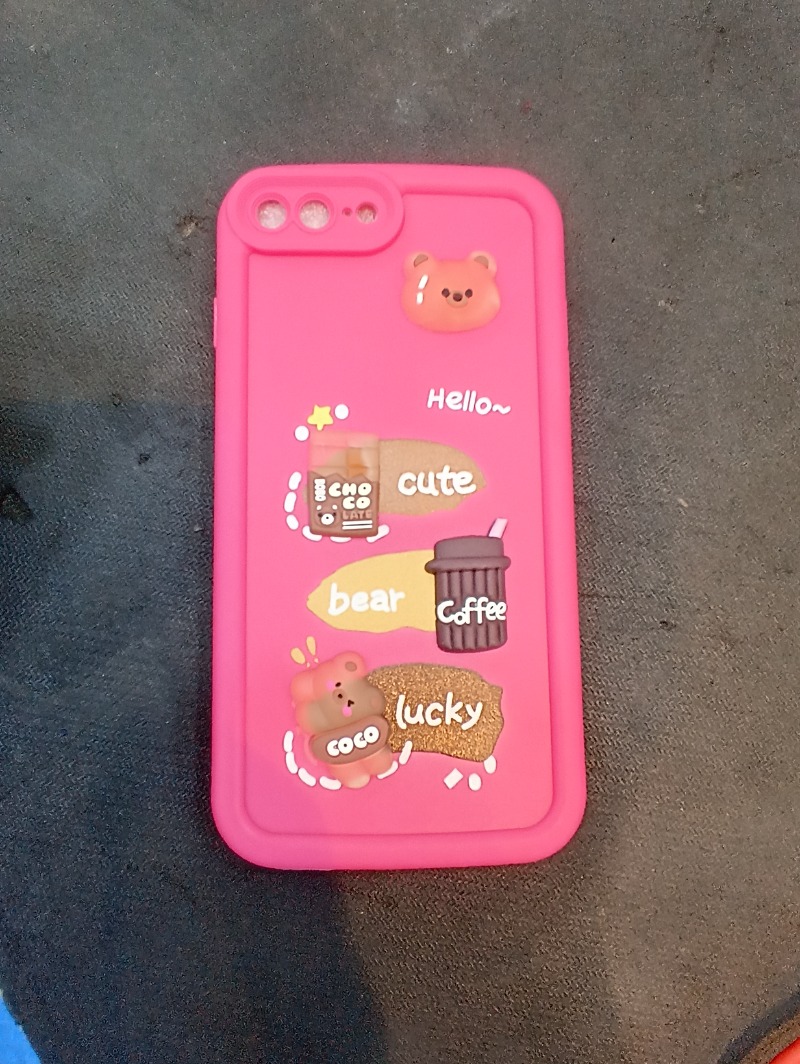 Cute Pink Silicone Phone Case with 3D Brown Bear and Coffee Design