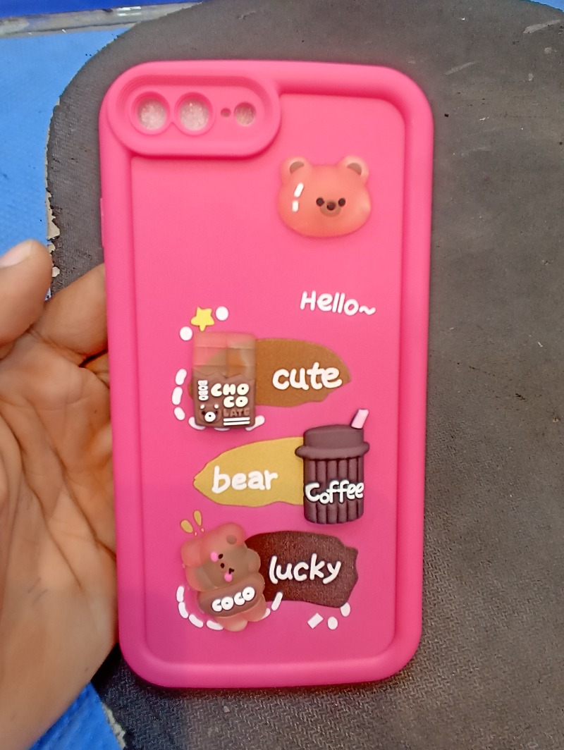 Cute Pink Silicone Phone Case with 3D Brown Bear and Coffee Design